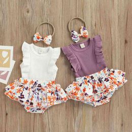 Citgeett Summer Baby Girl Rompers Set Disturbed Sleeveless Jumpsuit And Flower Print Shorts Headband Clothing J220711
