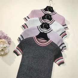 Glitter Knitted Women T Shirt Summer Tshirt Breathable Short Sleeves Top High Elasticity Striped Female T-Shirt T200512