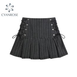 Y2k Pleated Skirt Women's Sexy High Waist Sid Grey Stripe Bandage Mini s Summer Harajuku Streetwar 220317