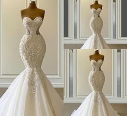 Sexy Vestido De Novia Mermaid Wedding Dresses Formal Bridal Gowns Sweetheart Embroidery Lace Appliques Crystal Beads Luxury Illusion Sweep Train Plus Size PRO232