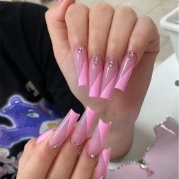 pink gel glue UK - Nail Gel Fake Nails Long Ballet Pink Rhinestone Stickers Finished 24 With Glue Stac22