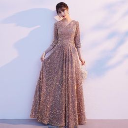 Party Dresses Evening Deep V-Neck 2022 A-line Floor-length Zipper Back Sequins Simple Woman Formal Dress RU125Party