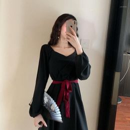 Casual Dresses 2022 Design Vintage S Women Japanese Style Temperament Lady Purple Black Bow Tie A Line Dress Long