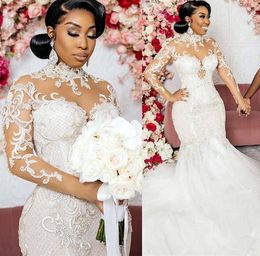 2022 Long Sleeves Mermaid Wedding Dresses Bride Gown High Neck Sweep Train Tulle Custom Made Plus Size Beaded Crystals vestidos de novia