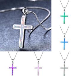 Pendant Necklaces Simple Colorful Imitation Opal Cross Choker Necklace Jewelry For Women Kids Silver Color Clavicle Chain Party JewelryPenda