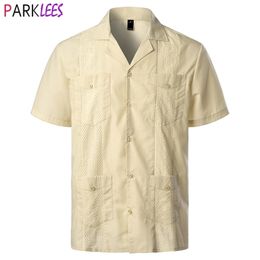 Mens Traditional Cuban Camp Collar Guayabera Shirt Short Sleeve Embroidered Mexican Caribbean Style Beach with 4 Pocket 220527