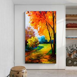 Tree Oil Painting Printed on Canvas Prints Landscape Wall Art for Living Room Home Decor Golden Forest Indoor Decorations