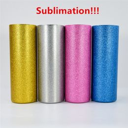 20oz Sublimation Glitter Tumblers Powder Coated Straight Tumbler Stainless Steel Skinny Tumber Vacuum Insulated Beer Coffee Mugs with Straw