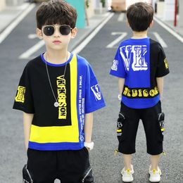 Boys Summer Clothing Sets Fashion Letters Patchwork O Neck Short Sleeve 2 Pieces Suits Teenager Clothes High Quality 220714