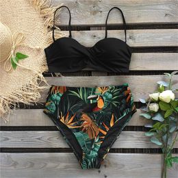 Sexy Leaf Print Bikini Female Swimsuit Women Swimwear Thong Push Up Bikinis Set High Waist Swimming Suits for Bathing Suit 210305