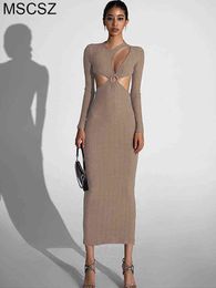 Cut Out Long Sleeve Maxi Dress Sexy Ribbed Knitted Bodycon Dress Elegant Sexy Backless Long Dress Autumn Winter 2022 T220816