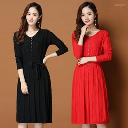 Casual Dresses Women's Winter Knit Dress 2022 Fashion Korean V-neck Twisted Splicing Snaps Plus-size Pleateds Sweater