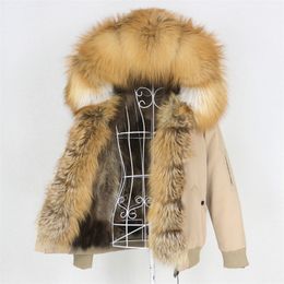 Waterproof Bomber Short Parka Winter Jacket Women Real Fur Coat Natural Fur Outerwear Hood Thick Warm Streetwear 201126