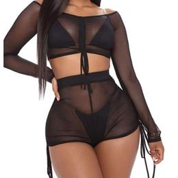 Women's Swimwear Women Sexy See-through Swimsuit Beach Cover Up Bikini Set Black Long Sleeve Crop Tops High Waist Shorts For Bathing SuitWom