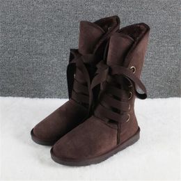 2022 WGG Snow Boots 5818 Высокий трубопроводной ремешок в стиле лука и женщины большие размеры кожи теплые зимние ботинки Eu34-44