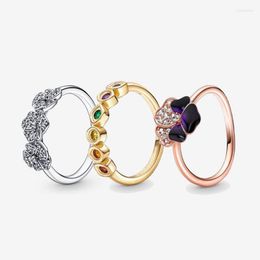Cluster Rings 925 Sterling Silver Rose Gold Charm Jewelry Three Linked Dark Purple Pansy For Women Girl GiftCluster Wynn22