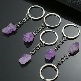 Natural Stone Amethyst Crystal Key ring KeyChain Pendant Keyrings Bag Accessories Jewellery