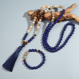 beaded necklaces UK - Pendant Necklaces 8mm Amazonite Lapis Lazuli Tiger Eye Beaded Necklace Bracelet Set Men And Women Meditation Yoga Prayer Rosary Tassel Jewel
