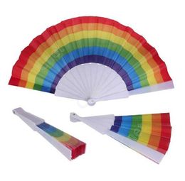 Folding Rainbow Fan Rainbow Printing Crafts Party Favor Home Festival Decoration Plastic Hand Held Dance Fans Gifts by sea 500pcs DAC464