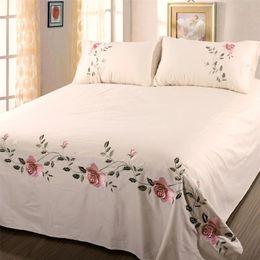 WOSTAR Rose flora embroidery design flat bed sheet solid colour cotton twill linen bedding luxury home textiles queen king size 220514