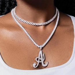 Chains Iced Out Clear Bling 5A Cubic Zircon A-Z Cursive Letters Charm Name Pendant Necklace Women Men Tennis Chain Hip Hop JewelryChains