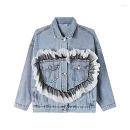 Women's Jackets Fashion All-matching Love Lace Stitching Denim Coat For Women 2022 Autumn Sweet LooseSlimming Long Sleeve Top Jacket