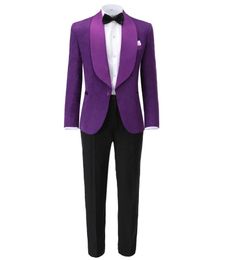 Men's Suits & Blazers Latest Design Purple Pattern Floral Jacket Black Pant Costume Homme Men Tuxedo Groom Wedding Prom Slim Fit Blazer 2 Pi