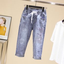 Summer Harajuku Denim Cropped Trousers Women 2020 Loose Elastic Waist Thin High Waist Breeches Femme Plus size Pants 4XL Z192 T200422