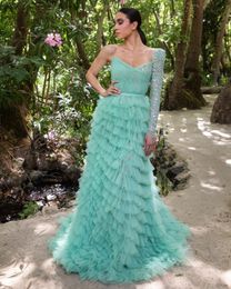 Luxury Pleated Tulle Formal Prom Dresses One Shoulder Sequins Beaded Layered Arabic Style Evening Dressing Gowns