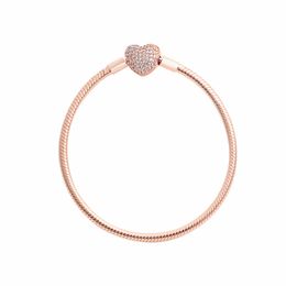 CZ diamond Pave Love heart Clasp Moments Snake Chain Bracelet Womens Wedding gift designer 18K rose gold plated with Original box for Pandora Charms bracelets