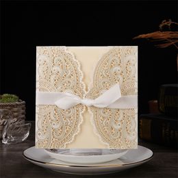 10pcslot Ivory Laser Cut Elegant Invitations Lace Greeting Card Custom WIth Ribbon Birthday Wedding Party Supplies 220711