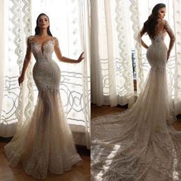 Elegant Wedding Dresses for Bride 2022 Lace Mermaid Bridal Gowns Sweep Train Sheer Long Sleeved Stylish vestido de novia