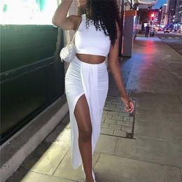 Asia Summer Women Crop Top Long Skirts Two Piece Set White Party Club Wear Sexy Split Sets Casual Clothing 220509