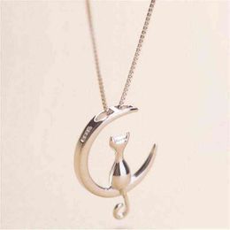 Cat Fashion Moon Pendant Necklace Charm Silver Gold Colour Link Chain Necklace For Pet Lucky Jewellery For Women Gift Shellhard GA308227q