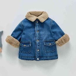 0-4Yrs Children Boys Plus Velvet Jackets Causal Long Sleeves Thick Kids Boys Denim Jacket Autumn Winter Baby Girls Clothing J220718