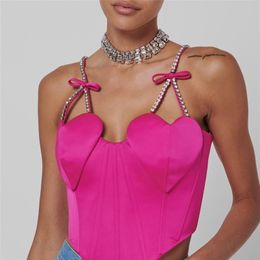 SAT Women's Sexy Street Clothes -embellished EMBELLISHED BOW STRAPS HEART BUSTIER PINK CORSET TOP 220331