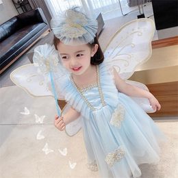 Summer Girls Dress Butterfly Wings Lace Princess Fashionable Birthday Party Children Kids Vacation Clothing 220426