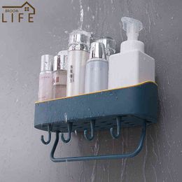 Bathroom Storage Rack Shelf With Hooks Towel Holders Shampoo Bars Shower Kitchen Wall Organizer Accessories J220702