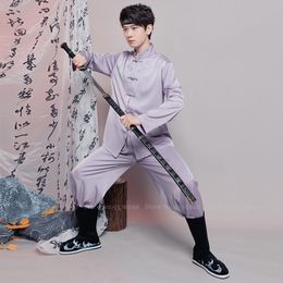 Ethnic Clothing Men Purple Red Tai Chi Uniform Set Chinese Style Embroidery Tang Suit Zen Tea Shirt Pants Martial Arts Oriental