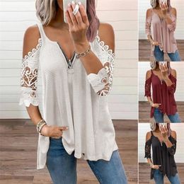 Summer Womens Clothing Sexy Off Shoulder Lace Patchwork V Neck Zipper Casual Elegant Tunic Tshirt Fashion Ladies Tops 220526