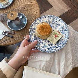 Super Beautiful~English Retro Blue Pattern Ceramic Plate Afternoon Tea Dessert Cake Breakfast Fruit 220307