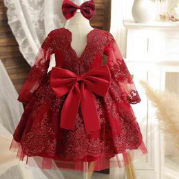 Red Girls Lace Party Dress Long Sleeve Flower Elegant Wedding Evening Gown Backless Bow Tulle Princess Pageant Formal Dress G220428