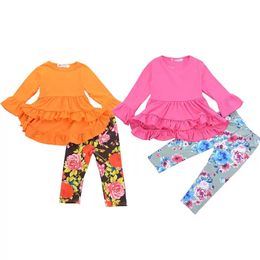Girls long sleeve flower printed outfits suits Irregular ruffle Tuxedo dress top+floral pant 2pcs/set kids clothes tracksuit sets