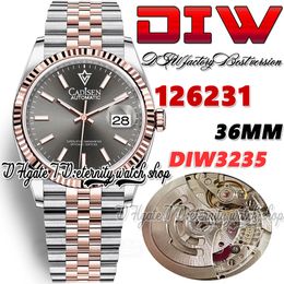 DIWF diw126231 SA3235 Automatic Mens Watch 36MM Two Tone Rose Gold Fluted Bezel Grey Dial Stick Markers 904L Jubileesteel Bracelet Super Edition eternity Watches