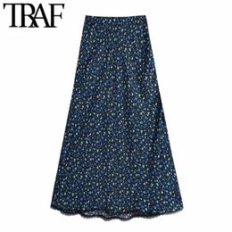 TRAF Women Fashion With Lace Trim Floral Print Midi Skirt Vintage High Waist Side Zipper Female Skirts Mujer 220317