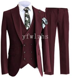 Handsome One Button Man's Suits Peak Lapel Groom Tuxedos Groomsmen Wedding/Prom/Dinner Man Blazer Jacket Pants Vest Tie N077