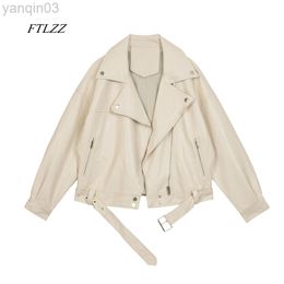 2022 New Spring Women Pu Leather Motorcycle Jacket Female With Belt Solid Colour Jackets Ladys Loose Casual Jacket L220801