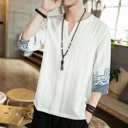 Ethnic Clothing Traditional Chinese Top For Man Retro V-neck Half Sleeve Hanfu Shirt Summer Wave Embroidery Men Tops Asian Harajuku T-shirtE