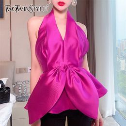 TWOTWINSTYLE Casual Bowknot Shirts Top Female Chiffon Halter V Neck Sleeveless Slim Sexy Party Shirt For Women Fashion 220511