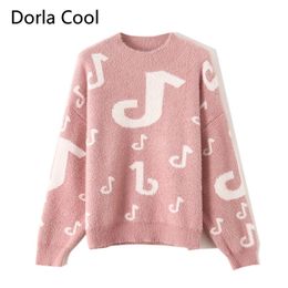 Runway Knitted Sweaters Women Mohair Thick Pullover Chic Oneck Cute Cartoon Note Tops Female Loose Casual Jumpers New T200116